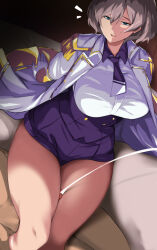 Rule 34 | 1boy, 1girl, bad id, blue eyes, breasts, cafekun, censored, closed mouth, clothed female nude male, corset, cum, curvy, ejaculation, gridman universe, highres, jacket, large breasts, military jacket, mosaic censoring, mujina, necktie, nude, open clothes, open jacket, out of frame, penis, purple corset, purple neckwear, purple shorts, short hair, short necktie, shorts, ssss.dynazenon, surprised, thick thighs, thigh sex, thighs, underbust, white jacket