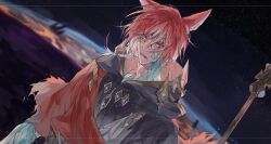 Rule 34 | 1boy, cloak, crystal exarch, dutch angle, final fantasy, final fantasy xiv, g&#039;raha tia, highres, hood, hooded cloak, looking at viewer, male focus, material growth, miqo&#039;te, red eyes, red hair, scepter, solo, tladpwl03