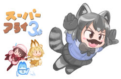 Rule 34 | 10s, 3girls, animal ears, arm up, artist name, backpack, bag, black eyes, black gloves, black hair, black legwear, blonde hair, blue shirt, blush stickers, bow, bowtie, clenched hand, commentary, common raccoon (kemono friends), crossover, fake facial hair, fake mustache, fang, flying, gloves, grey hair, grey legwear, grooveamada, hat, hat feather, highres, holding hands, kaban (kemono friends), kemono friends, lucky beast (kemono friends), mario, mario (series), multicolored hair, multiple girls, nintendo, open mouth, outstretched arms, pantyhose, parody, pun, raccoon ears, raccoon mario, raccoon tail, red shirt, ribbon, running, serval (kemono friends), serval print, serval tail, shirt, shoes, short hair, shorts, signature, simple background, spread arms, super mario bros. 3, tail, tail ornament, tail ribbon, | |