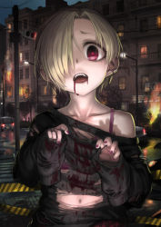 Rule 34 | 1girl, bare shoulders, black shirt, blonde hair, blood, blood from mouth, bra, building, claw pose, collarbone, commentary request, ear piercing, earrings, fangs, fire, hair over one eye, idolmaster, idolmaster cinderella girls, jewelry, lamppost, lif (lif &amp; ref), long sleeves, looking at viewer, nail polish, navel, night, off-shoulder shirt, off shoulder, open mouth, outdoors, piercing, purple nails, red eyes, road, shirasaka koume, shirt, short hair, solo, street, stud earrings, teeth, torn clothes, torn shirt, underwear, upper body