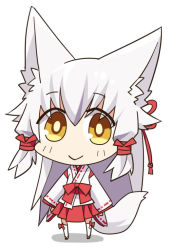 Rule 34 | 1girl, :&gt;, animal ears, bad id, bad pixiv id, brown eyes, chibi, chroma000, chroma (chroma000), fox ears, fox tail, looking at viewer, original, pleated skirt, skirt, smile, solo, tail, white hair