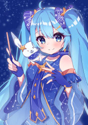 Rule 34 | &gt; o, 1girl, 1other, animal, animal on shoulder, bad id, bad pixiv id, bare shoulders, blue dress, blue eyes, blue gloves, blue hair, blue ribbon, blue scarf, blush, commentary, constellation print, dress, earrings, fingerless gloves, gloves, gold trim, hair ornament, hair ribbon, hairclip, hands up, hatsune miku, highres, holding, holding wand, ironeshiori, jewelry, long hair, looking at viewer, musical note, musical note print, neck ribbon, night, night sky, one eye closed, rabbit, rabbit yukine, ribbon, scarf, shoulder blush, sky, smile, star (sky), star (symbol), star earrings, star hair ornament, star night snow (vocaloid), star ornament, treble clef, twintails, upper body, very long hair, vocaloid, wand, yuki miku, yuki miku (2017)