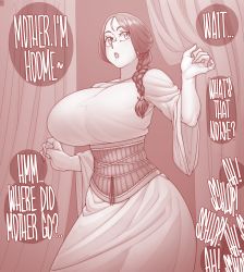 Rule 34 | 1girl, braid, breasts, corset, curtains, dress, ekz (robotekz), english text, highres, huge breasts, implied sex, open mouth, original, red theme, single braid, sound effects