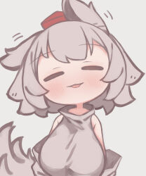 Rule 34 | 1girl, absurdres, animal ears, blush, breasts, chii (tsumami tsumamare), closed eyes, detached sleeves, facing viewer, grey background, grey hair, hat, highres, inubashiri momiji, red hat, short hair, simple background, solo, tail, tokin hat, tongue, tongue out, touhou, upper body, wolf ears, wolf girl, wolf tail