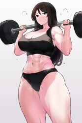 Rule 34 | 1girl, abs, amogan, barbell, black hair, black panties, black sports bra, blue eyes, breasts, cleavage, closed mouth, commentary, cowboy shot, exercising, girls und panzer, grey background, highres, large breasts, light frown, long hair, looking at viewer, muscular, muscular female, navel, nonna (girls und panzer), panties, solo, sports bra, standing, steam, sweat, swept bangs, underwear, underwear only, weightlifting