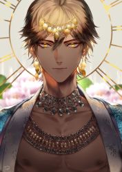 Rule 34 | 1boy, bare pectorals, brown hair, earrings, egyptian, egyptian clothes, fate/grand order, fate (series), jewelry, looking at viewer, male focus, necklace, ozymandias (fate), pectorals, sakura hitsuji, short hair, signature, solo, upper body, yellow eyes