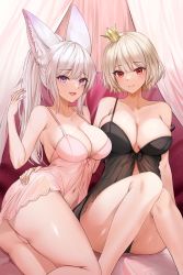 Rule 34 | 2girls, absurdres, animal ears, arm around waist, ass, breast press, breasts, cleavage, crotch seam, crown, highres, knees up, large breasts, legs together, lillly, looking at viewer, mini crown, multiple girls, navel, nightgown, original, purple eyes, red eyes, sitting, smile, thick thighs, thighs, white hair