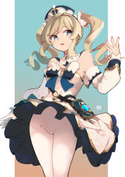 Rule 34 | 1girl, :d, a:n (angrynum), barbara (genshin impact), bare shoulders, belt, blonde hair, blue background, blue eyes, blush, book, bow, cowboy shot, detached collar, detached sleeves, dress, genshin impact, gradient background, groin, hand up, layered dress, long hair, long sleeves, looking at viewer, nail polish, open mouth, pantyhose, pink nails, sidelocks, smile, solo, strapless, strapless dress, twintails, upskirt, white dress, white headwear, white pantyhose