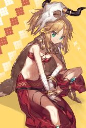 Rule 34 | 1girl, animal skull, aqua eyes, bad id, bad pixiv id, bandaged arm, bandages, blonde hair, bracelet, breasts, chocoan, cleavage, fate/apocrypha, fate/grand order, fate (series), highres, jewelry, long hair, looking at viewer, medium breasts, midriff, mordred (fate), mordred (fate/apocrypha), mordred (true samadhi fire) (fate), navel, ponytail, sitting, smile, solo