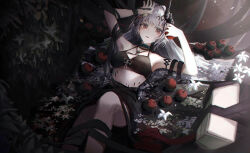Rule 34 | 1girl, absurdres, apple, arknights, armlet, bikini, black bikini, black horns, breasts, chinese commentary, chromatic aberration, commentary request, demon horns, feet out of frame, flower, food, fruit, hair flower, hair ornament, highres, holding, holding food, holding fruit, horns, infection monitor (arknights), kotowaza, large breasts, light particles, long hair, looking at viewer, lying, material growth, mudrock (arknights), mudrock (silent night) (arknights), official alternate costume, on back, oripathy lesion (arknights), parted lips, red apple, red eyes, solo, swimsuit, war hammer, weapon, white hair