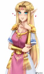 Rule 34 | 1girl, aqua eyes, artist name, belt, blonde hair, breasts, circlet, collarbone, commentary, dress, english commentary, hand up, heart, heart-shaped pupils, highres, jewelry, long hair, looking at viewer, medium breasts, nintendo, no bra, parted lips, pointy ears, princess zelda, short sleeves, simple background, smile, solo, super smash bros., symbol-shaped pupils, the legend of zelda, the legend of zelda: a link between worlds, twitter username, twrlare, very long hair, white background