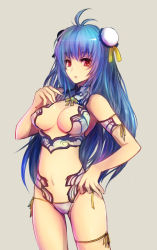 Rule 34 | 1girl, ahoge, alternate costume, android, armband, bikini, blue hair, breasts, bun cover, commentary request, cyborg, double bun, grey background, hand on own hip, hand up, kara (color), kos-mos, long hair, looking at viewer, medium breasts, navel, red eyes, side-tie bikini bottom, solo, standing, swimsuit, white bikini, xenosaga