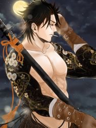 Rule 34 | 1boy, abs, black clover, black hair, cigarette, facial hair, full moon, gloves, hana (hana88771835), holding, holding sword, holding weapon, katana, leather, leather gloves, looking to the side, male focus, messy hair, moon, muscular, muscular male, night, night sky, pectorals, sky, smoking, solo, stubble, sword, weapon, yami sukehiro