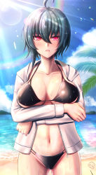 Rule 34 | 1girl, absurdres, ahoge, arms under breasts, beach, bikini, black bikini, black hair, blue sky, breasts, cleavage, cloud, cloudy sky, dead angels, highres, honkai (series), honkai impact 3rd, jacket, large breasts, long sleeves, looking at viewer, mole, mole under mouth, navel, open clothes, open jacket, open mouth, outdoors, purple eyes, rainbow, raven (honkai impact), sand, short hair, sky, solo, swimsuit, water, white jacket