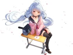Rule 34 | 1girl, ahoge, azur lane, bag, black thighhighs, chocolate, choker, dango remi, desk, hair ornament, highres, letter, loafers, long hair, looking at viewer, multicolored eyes, nicholas (after-school promise) (azur lane), nicholas (azur lane), official alternate costume, official art, on desk, pink sweater, red eyes, red neckwear, sailor collar, sailor shirt, school bag, school uniform, shirt, shoes, silver hair, sitting, on desk, skirt, sweater, thighhighs, torpedo, transparent background, uwabaki, yellow eyes