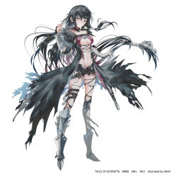 Rule 34 | 1girl, armored boots, asymmetrical clothes, bandaged arm, bandages, belt, black hair, boots, bridal gauntlets, commentary request, full body, highres, long hair, revealing clothes, single vambrace, solo, swav, tales of (series), tales of berseria, torn clothes, vambraces, velvet crowe, white background, yellow eyes