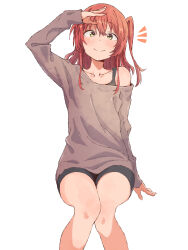Rule 34 | 1girl, bike shorts, black shirt, black shorts, bocchi the rock!, brown sweater, closed mouth, collarbone, commentary request, dot nose, eitopondo, green eyes, hair between eyes, highres, kita ikuyo, light blush, long hair, long sleeves, looking at viewer, red hair, shirt, shorts, side ponytail, simple background, sitting, smile, solo, sweater, white background