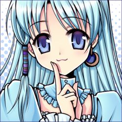 Rule 34 | 1girl, :3, akayukihime, player character (mabinogi), bad id, bad pixiv id, blue background, blue eyes, blue hair, blue theme, character request, detached collar, earrings, jewelry, long hair, lowres, mabinogi, matching hair/eyes, smile, solo