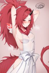 Rule 34 | 1girl, absurdres, armpits, arms behind head, black horns, blue archive, blush, breasts, closed mouth, cum, dragon tail, heart, highres, hip vent, horns, kisa (leg3043), korean commentary, long hair, medium breasts, pleated skirt, ponytail, presenting armpit, red eyes, red hair, red tail, renge (blue archive), sideboob, single horn, skirt, solo, tail, white skirt