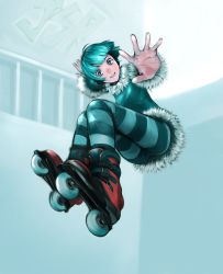 Rule 34 | 1girl, :d, bis (jsr), blue dress, blue eyes, blue hair, breasts, dress, full body, fur-trimmed dress, fur-trimmed sleeves, fur collar, fur trim, goichi, jet set radio, long sleeves, looking at viewer, open mouth, outstretched arms, pantyhose, roller skates, short dress, short hair, skates, small breasts, smile, solo, striped clothes, striped pantyhose, teeth