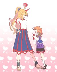 Rule 34 | 2girls, ?, age difference, black footwear, black skirt, blonde hair, blue scrunchie, blue skirt, blush, box, breasts, brown jacket, chain, child, closed eyes, couple, cuffs, flat chest, food, full body, geta, gradient background, half updo, hands on own hips, heart, heart background, highres, holding, holding box, horns, hoshiguma yuugi, jacket, lace trim, large breasts, long hair, looking at another, mary janes, mizuhashi parsee, multiple girls, onee-loli, oni, pinup (style), pocky, pocky day, pointy ears, ponytail, puffy short sleeves, puffy sleeves, red eyes, sandals, scrunchie, shackles, shirt, shoes, short hair, short sleeves, simple background, single horn, skirt, socks, standing, sunnysideup, tiptoes, touhou, trembling, white legwear, white shirt, yuri