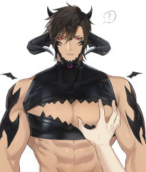 Rule 34 | 2boys, ?, abs, au ra, bara, bare pectorals, beard, brown hair, bursting pectorals, chest harness, cleavage cutout, close-up, clothing cutout, demon boy, demon horns, demon tail, dragon boy, dragon horns, dragon tail, expressionless, facial hair, final fantasy, final fantasy xiv, grabbing, harness, highres, horns, large pectorals, looking at viewer, male focus, multiple boys, muscular, muscular male, nipples, pectoral focus, pectoral grab, pectorals, red eyes, scales, seum (kao husband), short hair, spoken question mark, stomach, tail, upper body, warrior of light (ff14), yaoi