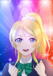 Rule 34 | 1girl, artist name, artist request, ayase eli, black jacket, blonde hair, blue cardigan, blue eyes, blue jacket, blush, bow, bowtie, breasts, cardigan, clenched hands, closed mouth, collared shirt, female focus, green bow, hair between eyes, hair ornament, hair scrunchie, high ponytail, highres, jacket, long hair, long sleeves, looking at viewer, love live!, love live! school idol project, on stage, otonokizaka school uniform, parted lips, ponytail, school uniform, scrunchie, shirt, short hair, short sleeves, small breasts, smile, solo, sparkle, stage, stage lights, striped, striped bow, upper body, white scrunchie, white shirt