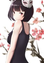 Rule 34 | 1girl, ace34941531, animal ear fluff, animal ears, arms at sides, azur lane, back, bad id, bad pixiv id, black hair, black one-piece swimsuit, blunt bangs, blurry, blurry background, bob cut, cat ears, cherry blossoms, commentary, depth of field, from behind, from side, looking at viewer, mask, mask on head, one-piece swimsuit, red eyes, school swimsuit, short hair, solo, swimsuit, white background, yamashiro (azur lane), yamashiro (summer offensive?) (azur lane)