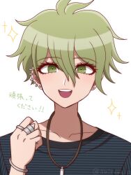 Rule 34 | 1boy, :d, amami rantaro, antenna hair, bracelet, clenched hand, collarbone, danganronpa (series), danganronpa v3: killing harmony, ear piercing, green eyes, green hair, hair between eyes, highres, jewelry, male focus, necklace, open mouth, piercing, ring, shirt, short hair, simple background, smile, solo, sparkle, striped clothes, striped shirt, suiren yurei, teeth, translation request, upper teeth only, white background