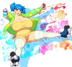 Rule 34 | 1girl, absurdres, blue footwear, blue hair, breasts, cleavage, covered erect nipples, dress, erkaz, full body, green jacket, highres, huge breasts, jacket, long sleeves, open mouth, original, outline, panties, red eyes, rina atherina, roller skates, short hair, skates, solo, strapless, strapless dress, striped clothes, striped thighhighs, thighhighs, underwear, white outline, yellow dress, yellow panties
