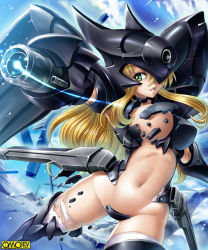 Rule 34 | 1girl, arm cannon, armor, bikini armor, blonde hair, boots, breast slip, breastplate, breasts, buster, censored, cloud, convenient censoring, crotch plate, damaged, day, dutch angle, farna shinguu, fighting stance, flying, glowing, greaves, green eyes, grin, groin, hair between eyes, helmet, kagami hirotaka, large breasts, light trail, long hair, looking at viewer, mecha musume, midriff, navel, omc, one breast out, open clothes, outdoors, outstretched arms, skindentation, sky, smile, solo, spread arms, thigh boots, thighhighs, tokyo kaidan, torn clothes, torn thighhighs, very long hair, weapon, white thighhighs, wide hips, wings