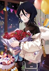 Rule 34 | 1girl, bag, balloon, black hair, black shirt, black skirt, bleach, blush, bouquet, cake, candle, choro-nakini, commentary request, confetti, curtains, dated, fire, flower, food, fruit, fur-trimmed jacket, fur trim, hair between eyes, indoors, jacket, kuchiki rukia, hugging object, off shoulder, open clothes, open jacket, parted lips, party popper, pennant, purple eyes, red flower, red rose, rose, shirt, shoulder bag, skirt, snowing, solo, spider lily, strawberry, streamers, string of flags, turtleneck, white jacket, window