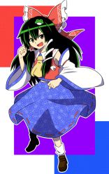 Rule 34 | 1girl, ascot, black hair, bow, clenched hand, clenched hands, detached sleeves, female focus, fusion, green eyes, green hair, hair bow, hair ornament, hair tubes, hairclip, hakurei reimu, heterochromia, japanese clothes, kochiya sanae, leon (mikiri hassha), loafers, matching hair/eyes, miko, multicolored hair, open mouth, red eyes, shoes, skirt, snake, socks, solo, split mouth, touhou, two-tone hair, white socks