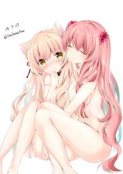 Rule 34 | 2girls, animal ear fluff, animal ears, bad id, bad pixiv id, blonde hair, blue hair, blush, breasts, cat ears, closed eyes, closed mouth, dated, flower, gradient hair, hair between eyes, hair flower, hair ornament, knees up, large breasts, long hair, multicolored hair, multiple girls, nanase kureha, nanase nao, nose blush, nude, original, parted lips, pink flower, pink hair, red flower, simple background, sitting, smile, twitter username, very long hair, white background