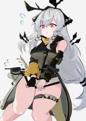 Rule 34 | 1girl, @ @, arknights, asususususu, bare shoulders, black gloves, black hairband, brown dress, commentary request, covering privates, covering crotch, cowboy shot, detached sleeves, dress, flying sweatdrops, gloves, hair ornament, hairband, highres, leaf (arknights), long hair, long sleeves, low ponytail, open mouth, red eyes, see-through, see-through skirt, silver hair, simple background, single glove, skirt, skirt tug, tail, thigh strap, thighs, translation request, very long hair, weedy (arknights), white background, x hair ornament