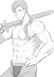 Rule 34 | 1boy, closed mouth, greyscale, haiki (tegusu), hand on own hip, highres, holding, holding sword, holding weapon, looking at viewer, mature male, mole, mole under eye, monochrome, mushoku tensei, nipples, pants, paul greyrat, ponytail, rattail, simple background, smile, sweat, sword, topless male, weapon, white background