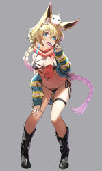 Rule 34 | 1girl, animal ear fluff, bikini, black bikini, black footwear, blonde hair, blue eyes, boots, braid, breasts, candy, cleavage, commentary request, creature, creature on head, food, full body, gluteal fold, gradient hair, grey background, hair between eyes, hand on own knee, highres, holding, holding food, knee boots, large breasts, leaning forward, licking, lollipop, long hair, long sleeves, multicolored hair, navel, off shoulder, open clothes, open mouth, original, pink hair, pink scarf, print footwear, scarf, side-tie bikini bottom, simple background, single bare shoulder, single braid, solo, standing, star (symbol), star print, string bikini, swimsuit, thighband, tokumaro, tongue, tongue out, very long hair