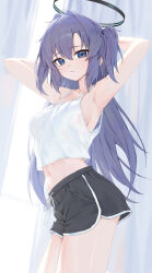 Rule 34 | 1girl, armpits, arms behind head, black shorts, blue archive, blush, breasts, camisole, closed mouth, cowboy shot, dolphin shorts, gnns, hair between eyes, halo, large breasts, long hair, looking at viewer, mechanical halo, navel, purple eyes, purple hair, shorts, solo, spaghetti strap, white camisole, yuuka (blue archive)