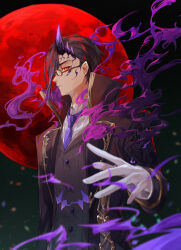Rule 34 | 1boy, absurdres, aura, black hair, butler, closed mouth, commission, crescent (cgcrescent), facial mark, formal, full moon, glasses, gloves, glowing, glowing eyes, hameln (sinoalice), highres, horns, looking at viewer, male focus, moon, multicolored hair, night, night sky, outstretched hand, purple hair, red moon, serious, sinoalice, sky, solo, two-tone hair, vest, white gloves