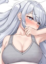 Rule 34 | 1girl, bra, breasts, cleavage, fuyutsuki (kancolle), grey bra, grey eyes, grey hair, highres, kantai collection, kiritto, large breasts, long hair, looking away, looking to the side, lying, one side up, solo, sweat, underwear, upper body, very long hair