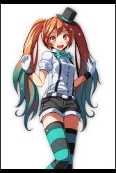 Rule 34 | 1girl, :d, absurdres, aqua bow, aqua bowtie, aqua hair, black hat, blouse, blush, border, bow, bowtie, brown hair, collared shirt, hat, hatsune miku, highres, long hair, looking at viewer, mini hat, mini top hat, mrs.pumpkin no kokkei na yume (vocaloid), open mouth, project diva (series), project diva x, shirt, simple background, smile, solo, standing, striped clothes, striped thighhighs, thighhighs, top hat, tsukishiro saika, two side up, very long hair, vocaloid, w arms, white background, white shirt