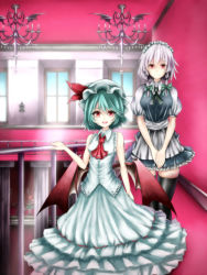 Rule 34 | 3girls, alternate costume, apron, ascot, bad id, bad pixiv id, bare arms, bat wings, black legwear, blue hair, bow, braid, breasts, broom, ceiling, chandelier, fairy maid (touhou), fairy wings, frilled skirt, frills, hair bobbles, hair bow, hair ornament, hand rest, hat, hat ribbon, highres, imajin0613, indoors, izayoi sakuya, lamp, long skirt, looking at viewer, maid headdress, medium breasts, mob cap, multiple girls, open mouth, pillar, ponytail, puffy short sleeves, puffy sleeves, railing, red eyes, red hair, remilia scarlet, ribbon, shirt, short hair, short sleeves, silver hair, skirt, skirt set, sleeveless, sleeveless shirt, slit pupils, small breasts, smile, thighhighs, touhou, twin braids, v arms, waist apron, window, wings, zettai ryouiki
