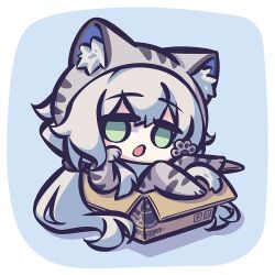 Rule 34 | 1girl, :o, animal costume, animal ear fluff, animal ears, arknights, blue background, border, box, cardboard box, cat costume, cat ears, cat girl, cat tail, chibi, green eyes, grey hair, in box, in container, long hair, looking at viewer, penguin logistics logo, revision, rosmontis (arknights), shadow, simple background, solo, spk kei, tail, white border