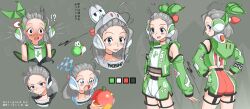 Rule 34 | 1girl, absurdres, ahoge, angry, bare shoulders, blue eyes, bow, concept art, detached sleeves, drooling, eriott, fingerless gloves, food, fruit, gloves, grey hair, hair bow, hair pulled back, harness, headset, highres, holding, holding food, holding fruit, hood, hood down, hood up, jacket, long sleeves, looking at viewer, mario (series), nintendo, open mouth, personification, short hair, shorts, smile, surprised, tongue, tongue out, yoshi, yoshi egg
