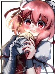 Rule 34 | 1girl, bandaged arm, bandages, baozi, blush, bun cover, commentary request, cuffs, double bun, food, hair between eyes, hair bun, heart, highres, holding, holding food, ibaraki kasen, looking at viewer, medium bangs, natumugitya, one-hour drawing challenge, open mouth, pink hair, red eyes, shackles, shirt, short hair, short sleeves, solo, spoken heart, touhou, upper body, white shirt