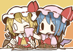 Rule 34 | &gt;:o, 2girls, :3, :o, adomi, ascot, bat wings, blonde hair, blue hair, blush stickers, chair, chibi, dress, female focus, flandre scarlet, food, food on face, fork, handkerchief, hat, hat ribbon, millipen (medium), mob cap, multiple girls, o o, one eye closed, open mouth, pasta, pink dress, plate, puffy sleeves, red dress, remilia scarlet, ribbon, short sleeves, siblings, sisters, sitting, spaghetti, table, touhou, traditional media, v-shaped eyebrows, wings, wink, wiping face
