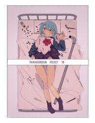 Rule 34 | 1girl, absurdres, bandaid, bandaid on hand, bed, black socks, blue hair, blue panties, blush, border, bow, bowtie, censored, clothes lift, collared shirt, commentary request, expressionless, from above, full body, gauze on cheek, gauze on knee, head on pillow, highres, holding pill, hospital bed, jikkyou powerful pro yakyuu, kmd tale, lead pipe, looking at viewer, looking up, lying, no shoes, on back, on bed, ooe kazuna, panties, pill bottle, pink background, pleated skirt, power pro kun pocket, purple skirt, red bow, red bowtie, shirt, short hair, simple background, skirt, skirt lift, socks, solo, spill, striped clothes, striped panties, syringe, tsurime, underwear, white border, white shirt, yellow eyes