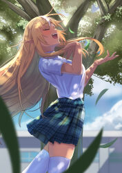 Rule 34 | 1girl, arenoyoni, blonde hair, closed eyes, highres, hololive, long hair, music, plaid, plaid skirt, pointy ears, shiranui flare, shirt, singing, skirt, thighhighs, tree, virtual youtuber, white shirt, white thighhighs, wind
