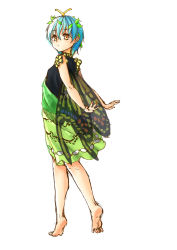 Rule 34 | 1girl, antennae, arms behind back, barefoot, black dress, blue hair, butterfly wings, dress, eternity larva, green dress, hair between eyes, hair ornament, highres, insect wings, kourou (kouroukun), leaf, leaf hair ornament, leaf on head, looking at viewer, multicolored clothes, multicolored dress, short hair, solo, touhou, white background, wings, yellow eyes