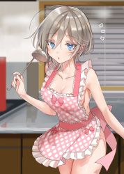 Rule 34 | 1girl, :o, anastasia (idolmaster), antenna hair, apron, bare arms, window blinds, blue eyes, bow, breasts, cleavage, collarbone, counter, frill trim, frills, grey hair, hair between eyes, highres, idolmaster, idolmaster cinderella girls, indoors, kitchen, ladle, looking at viewer, medium breasts, naked apron, open mouth, pink bow, polka dot, polka dot apron, rum raisin (chihiromakita19), short hair, sideboob, solo, wind, wind lift, window